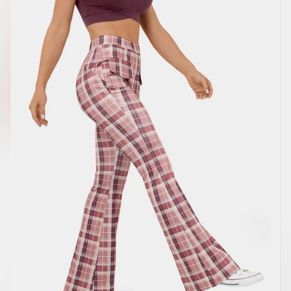 HALARA Rose Pink High Waisted Pocket Plaid Flare Casual Pants